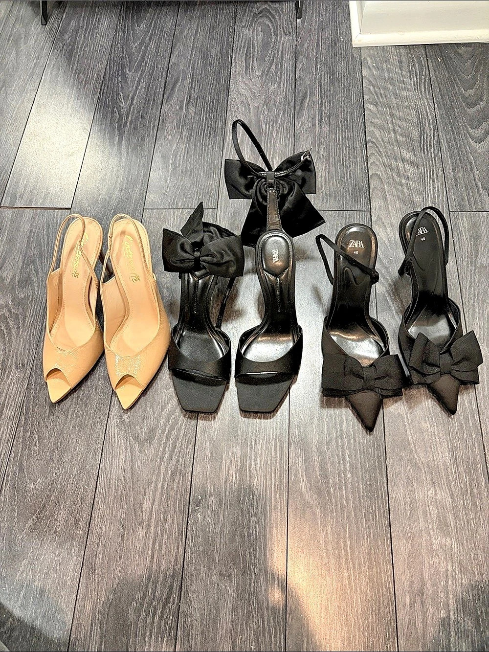 3 pairs Stiletto Heels 2 Zara with Bow Black & open toe Tan EU 40